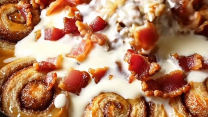 A close-up of a slow-cooker maple bacon cinnamon roll casserole with glistening glaze.