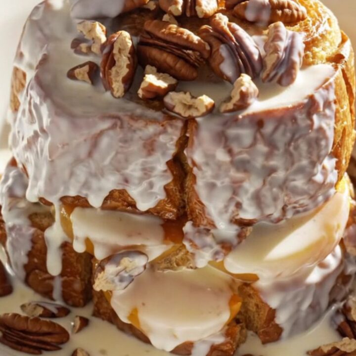 A golden, caramelized peach bourbon brioche French toast bake served in a shallow bowl with pecans.