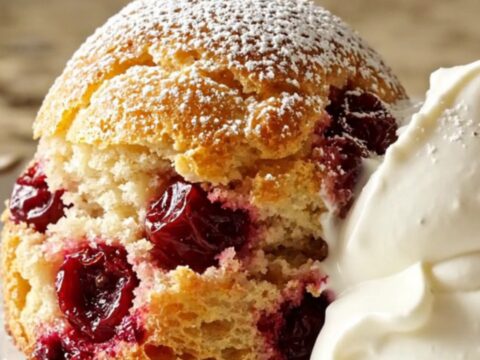 A close-up of a burgundy slow cooker filled with golden, custard-soaked French toast topped with dark cherries and toasted