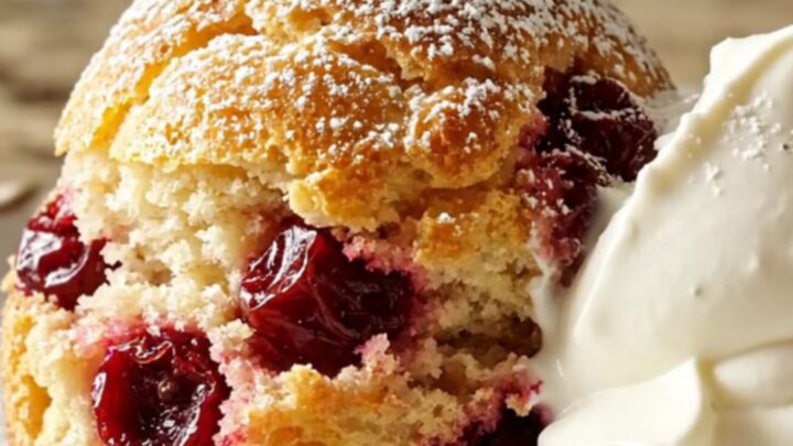 A close-up of a burgundy slow cooker filled with golden, custard-soaked French toast topped with dark cherries and toasted