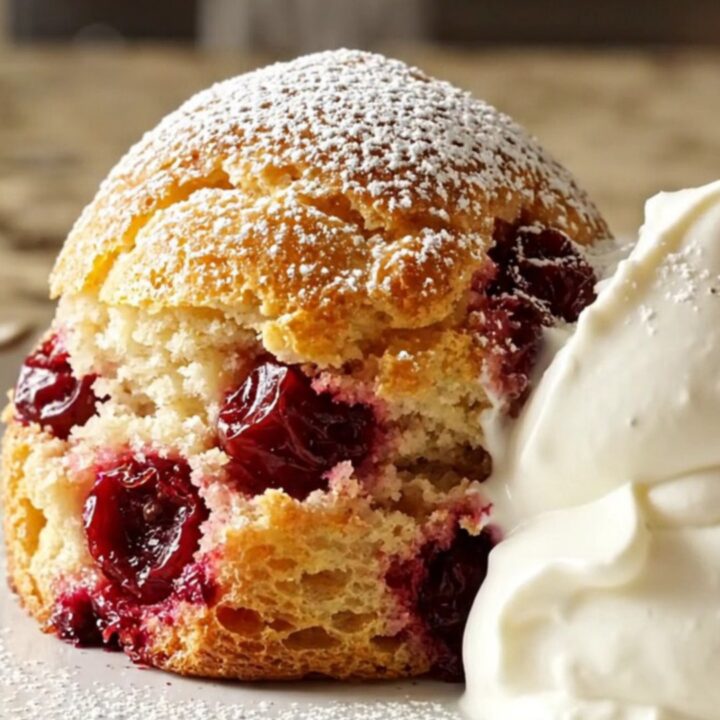 A close-up of a burgundy slow cooker filled with golden, custard-soaked French toast topped with dark cherries and toasted