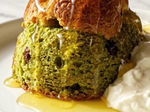 A warm, golden-brown brioche bake in a ceramic crockpot, topped with crushed green pistachios and drizzled with honey.