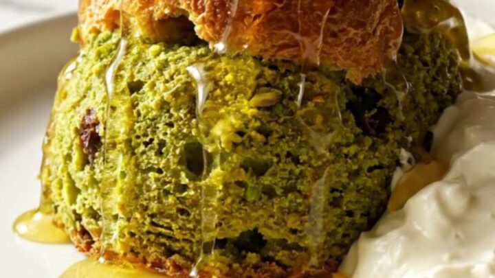 A warm, golden-brown brioche bake in a ceramic crockpot, topped with crushed green pistachios and drizzled with honey.
