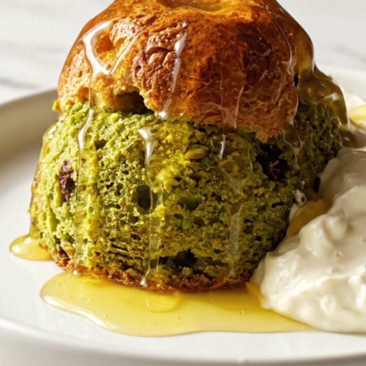 A warm, golden-brown brioche bake in a ceramic crockpot, topped with crushed green pistachios and drizzled with honey.