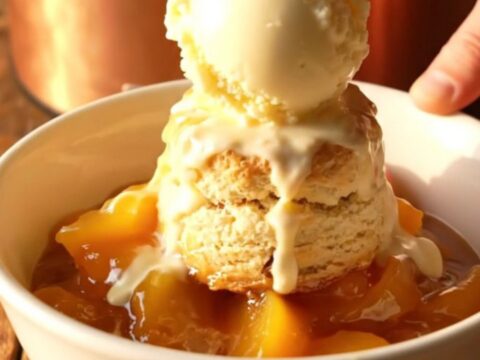 A close-up of a serving spoon pulling a biscuit from a bubbling Crockpot peach cobbler.