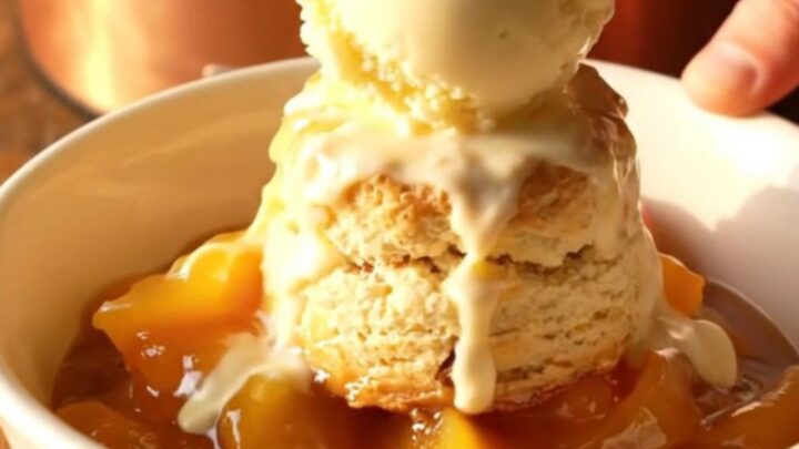 A close-up of a serving spoon pulling a biscuit from a bubbling Crockpot peach cobbler.