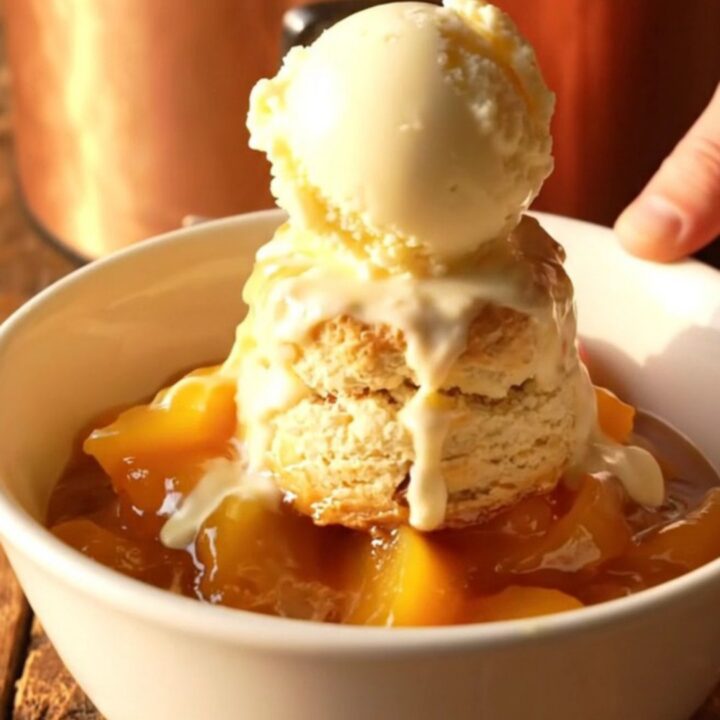A close-up of a serving spoon pulling a biscuit from a bubbling Crockpot peach cobbler.