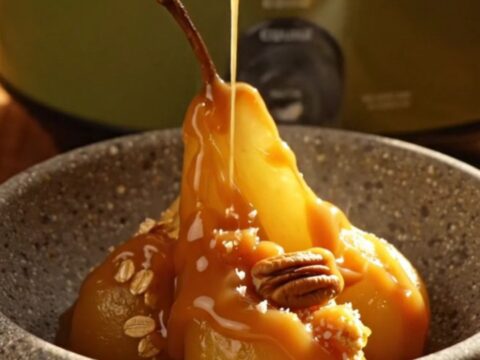 A close-up of a pear crisp in a stoneware bowl with salted caramel drizzled on top.