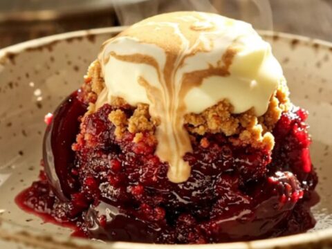 A close-up of a ceramic bowl filled with warm, ruby-violet plum crisp topped with a dollop of creamy white crème fraîche.