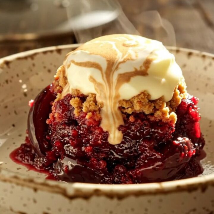 A close-up of a ceramic bowl filled with warm, ruby-violet plum crisp topped with a dollop of creamy white crème fraîche.