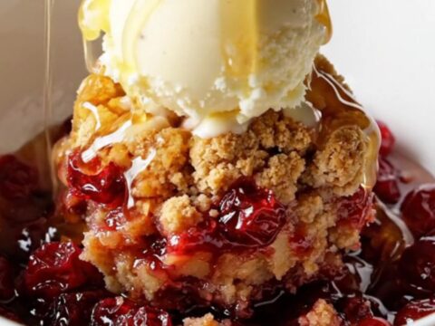 A close-up of a deep green slow cooker filled with a bubbling cranberry apple crumble topped with golden oats and walnuts.
