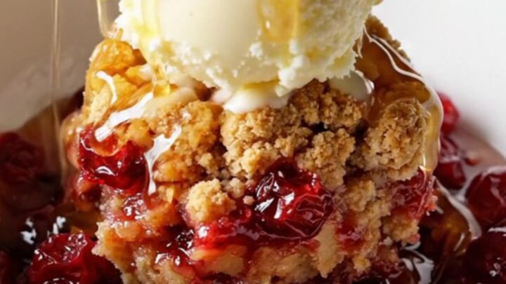 A close-up of a deep green slow cooker filled with a bubbling cranberry apple crumble topped with golden oats and walnuts.