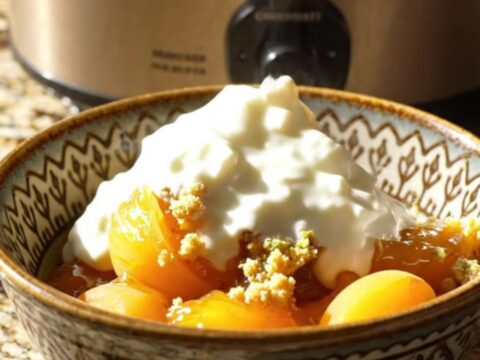 A warm slow-cooker apricot pistachio oat crisp with a golden-brown crumble topping in a rustic kitchen.