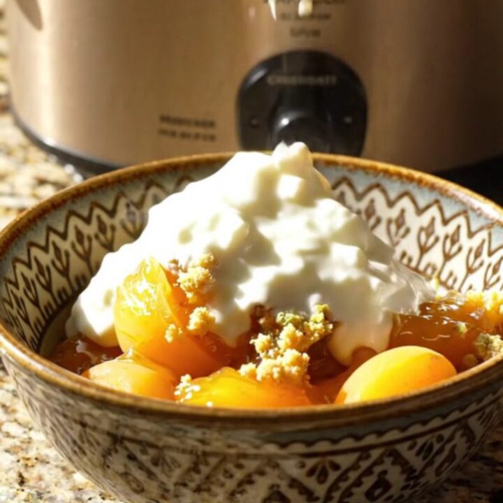 A warm slow-cooker apricot pistachio oat crisp with a golden-brown crumble topping in a rustic kitchen.