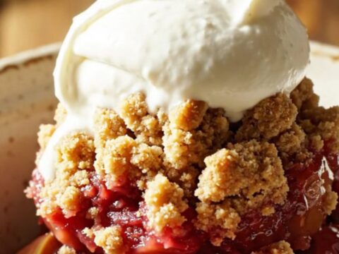 A close-up of a ruby-red cinnamon poached quince crumble served in a rustic stoneware bowl.