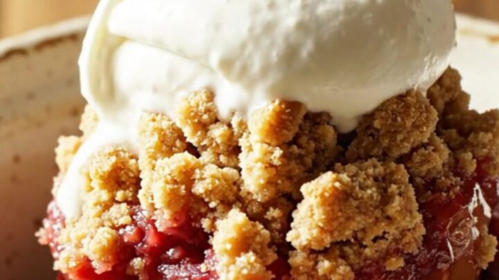 A close-up of a ruby-red cinnamon poached quince crumble served in a rustic stoneware bowl.
