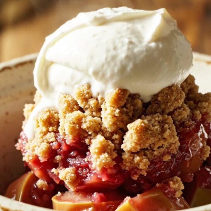 A close-up of a ruby-red cinnamon poached quince crumble served in a rustic stoneware bowl.