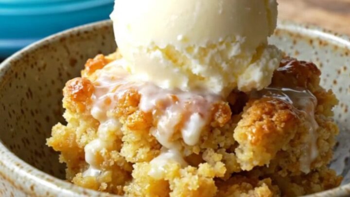 A close-up view of the golden pineapple mango crisp in a turquoise slow cooker with a crunchy coconut topping.