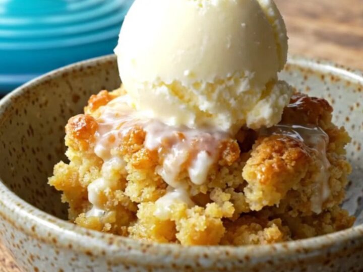 A close-up view of the golden pineapple mango crisp in a turquoise slow cooker with a crunchy coconut topping.