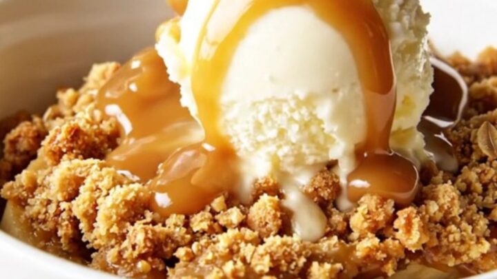 A warm, bubbling bowl of caramel banana crisp topped with golden roasted macadamia nuts and oats