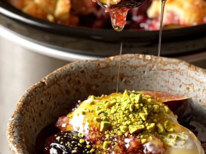 A warm, rustic crockpot cobbler with caramelized black mission figs and a golden, toasted brioche topping.