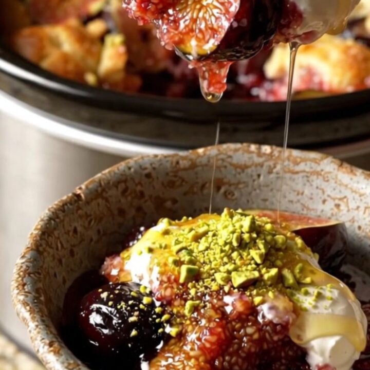 A warm, rustic crockpot cobbler with caramelized black mission figs and a golden, toasted brioche topping.
