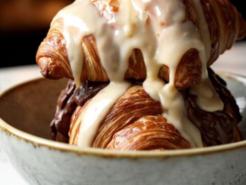 A close-up of molten chocolate bourbon bread pudding in a black slow cooker with a spoon scooping a portion.