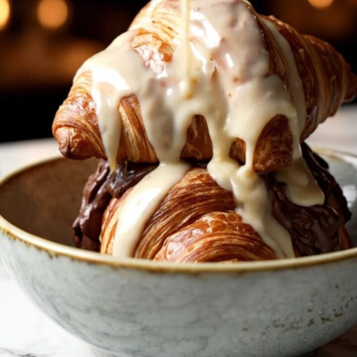 A close-up of molten chocolate bourbon bread pudding in a black slow cooker with a spoon scooping a portion.