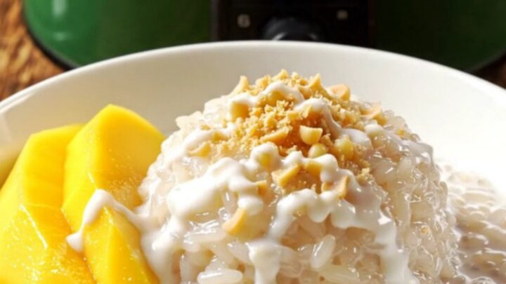 A jade-green crockpot filled with creamy Thai mango sticky rice topped with fresh yellow mango slices.