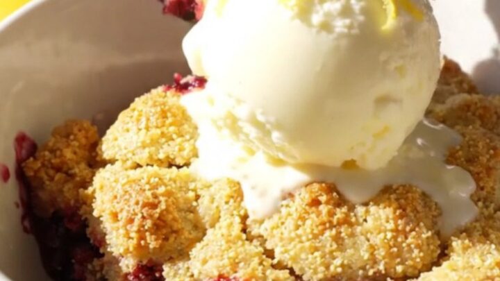 A warm, golden cornmeal cobbler in a yellow ceramic slow cooker with bubbling blackberry filling.