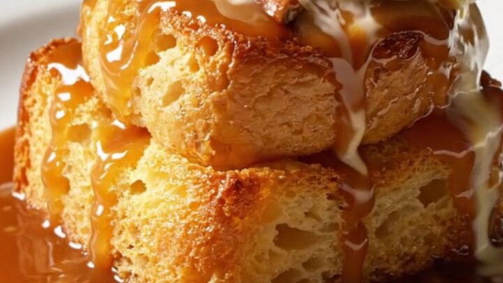 A warm, golden-brown Bananas Foster bread pudding in a slow cooker with steam rising.