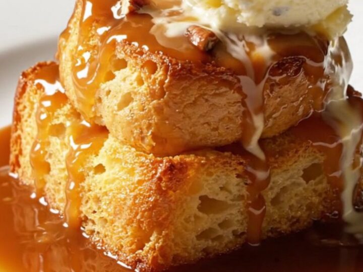 A warm, golden-brown Bananas Foster bread pudding in a slow cooker with steam rising.