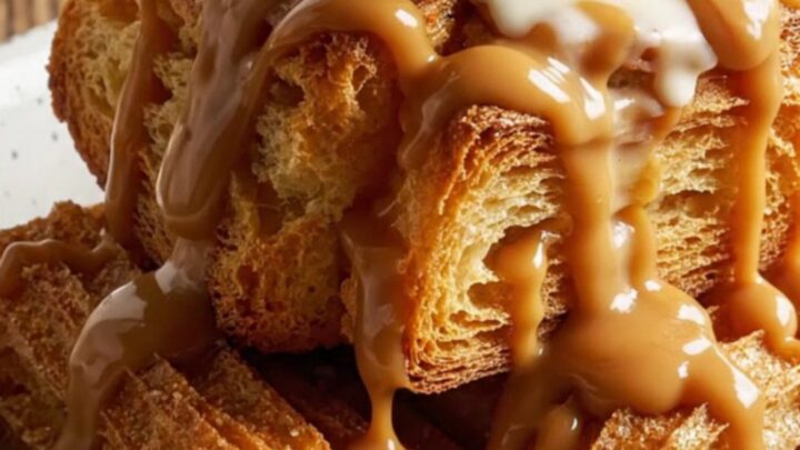 A close-up of a warm Crockpot filled with golden dulce de leche and cinnamon-dusted bread pudding.