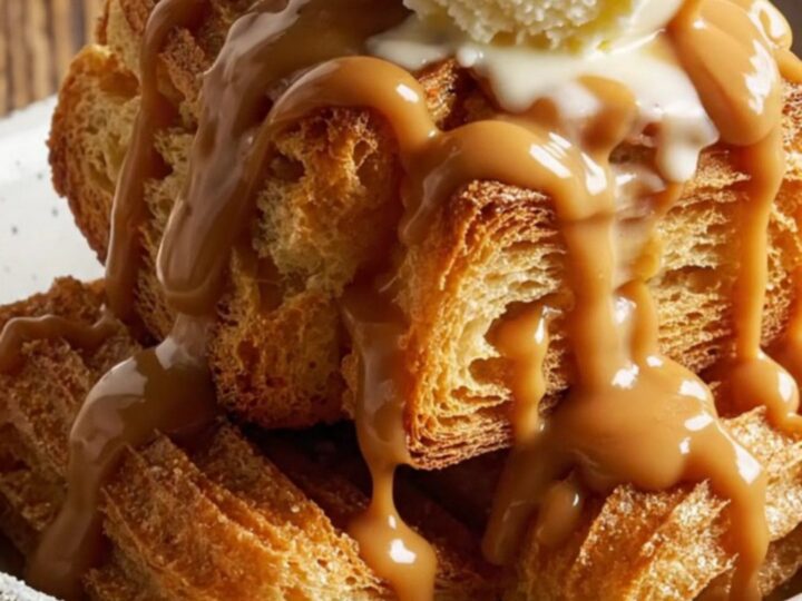 A close-up of a warm Crockpot filled with golden dulce de leche and cinnamon-dusted bread pudding.