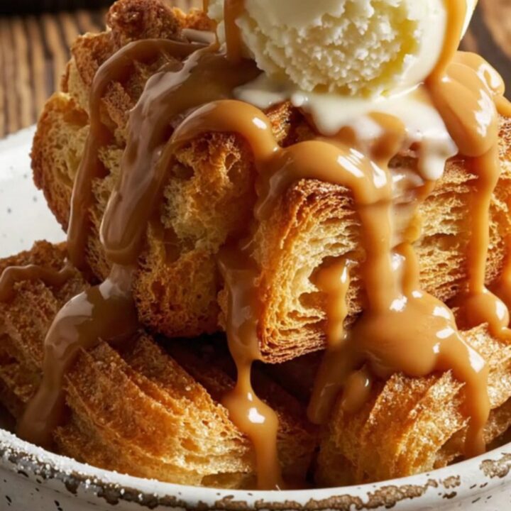 A close-up of a warm Crockpot filled with golden dulce de leche and cinnamon-dusted bread pudding.