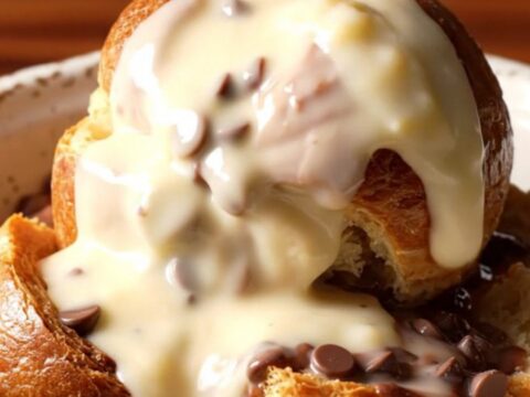 A warm, golden-brown bread pudding served in a rustic ceramic bowl with a glossy white chocolate glaze.