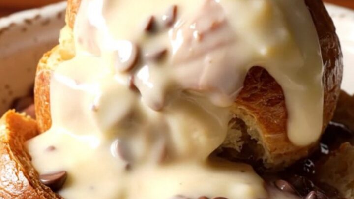 A warm, golden-brown bread pudding served in a rustic ceramic bowl with a glossy white chocolate glaze.