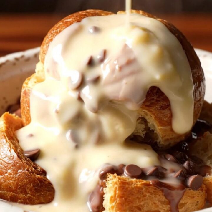 A warm, golden-brown bread pudding served in a rustic ceramic bowl with a glossy white chocolate glaze.