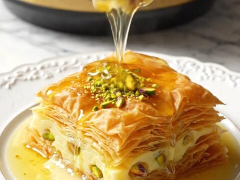 A golden, slow-cooked pistachio baklava custard bake in a brass-accented Crockpot on a marble surface.