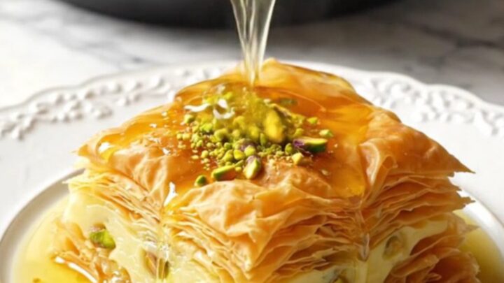 A golden, slow-cooked pistachio baklava custard bake in a brass-accented Crockpot on a marble surface.