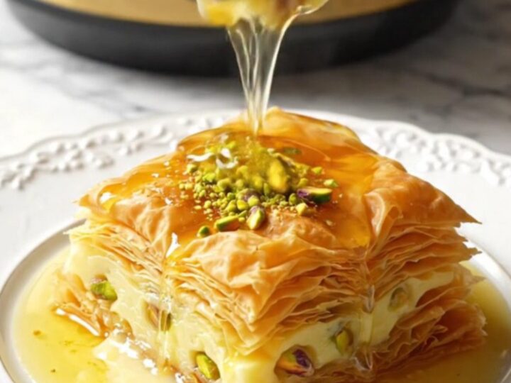 A golden, slow-cooked pistachio baklava custard bake in a brass-accented Crockpot on a marble surface.