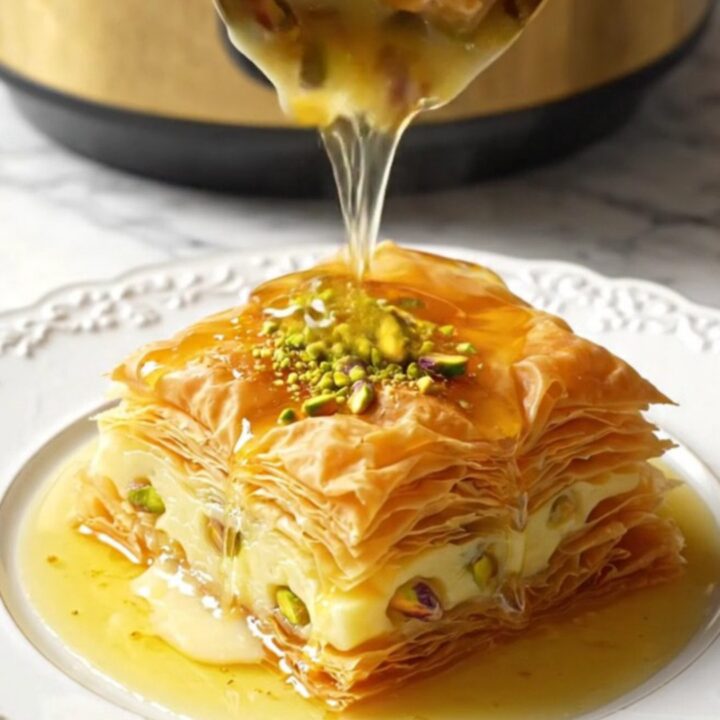 A golden, slow-cooked pistachio baklava custard bake in a brass-accented Crockpot on a marble surface.