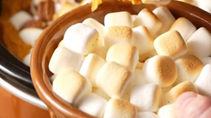 A close-up of a slow cooker filled with creamy sweet potato casserole topped with toasted marshmallows and pecans.