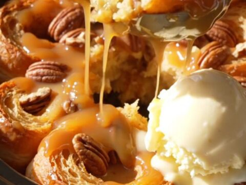 A golden-brown maple pecan bread pudding in a yellow crockpot, topped with a glossy maple glaze.