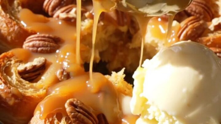 A golden-brown maple pecan bread pudding in a yellow crockpot, topped with a glossy maple glaze.