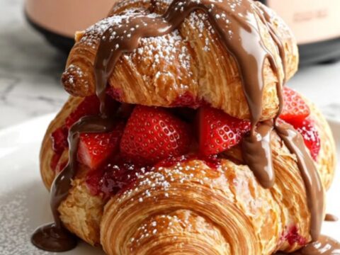 A close-up of a serving of Nutella and strawberry croissant pudding topped with powdered sugar.
