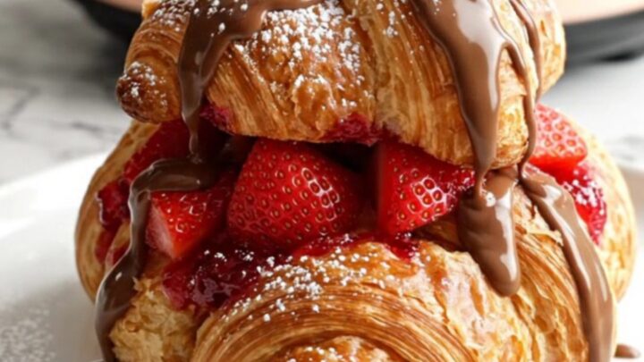 A close-up of a serving of Nutella and strawberry croissant pudding topped with powdered sugar.