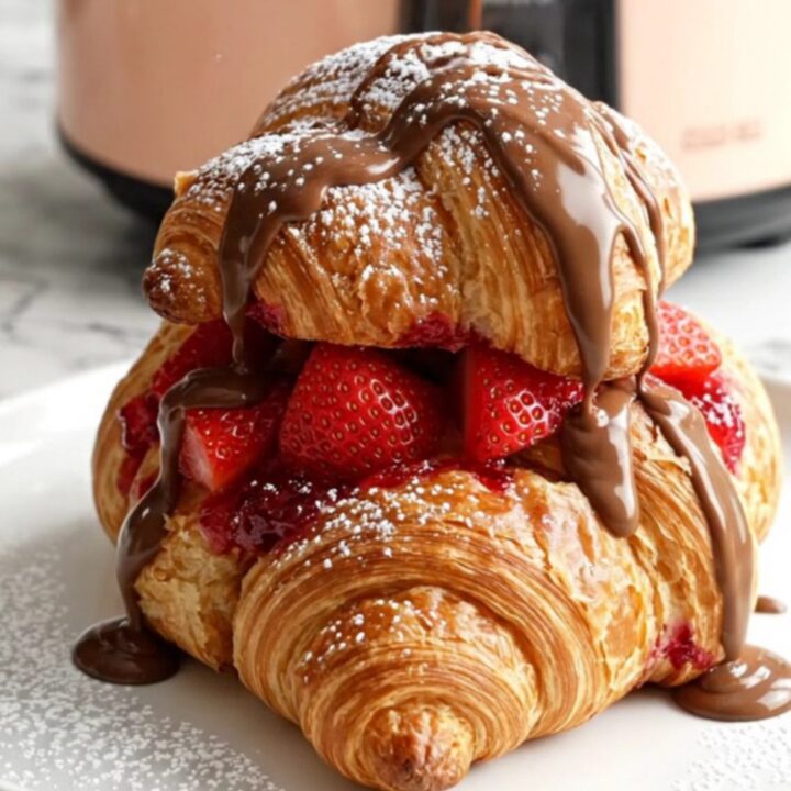 A close-up of a serving of Nutella and strawberry croissant pudding topped with powdered sugar.
