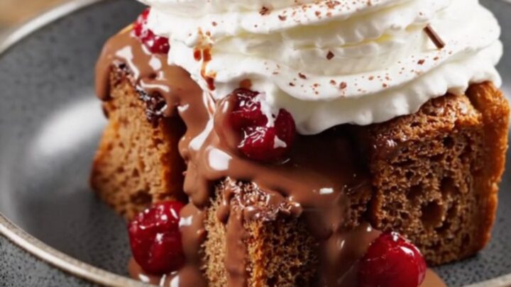 A steaming bowl of Black Forest bread pudding topped with whipped cream and chocolate shavings.