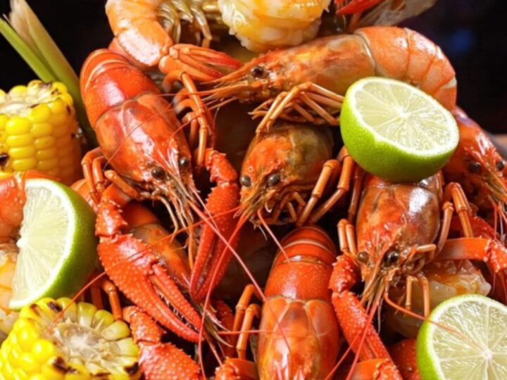 A vibrant Houston-style Viet-Cajun crawfish and shrimp boil served on a galvanized tray with lime.